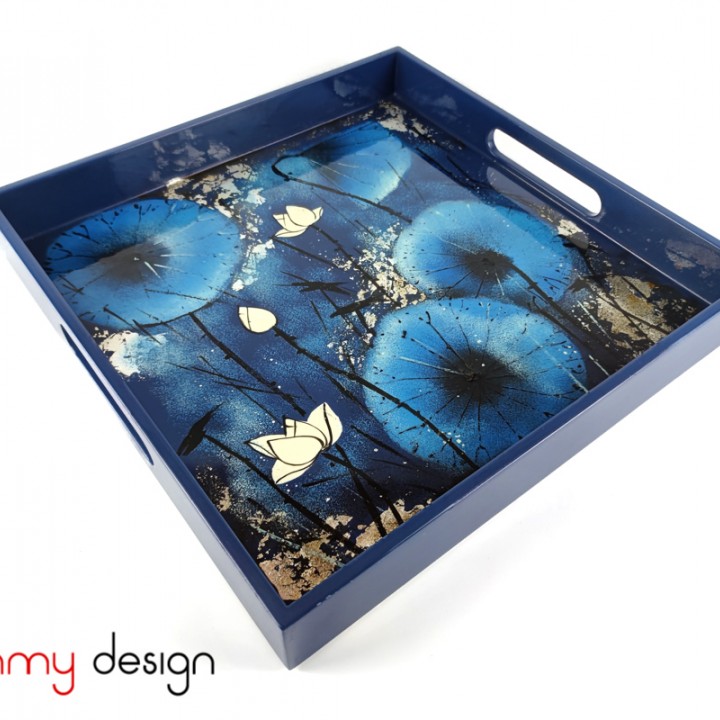 Blue square lacquer tray hand-painted with lotus pond 30 cm